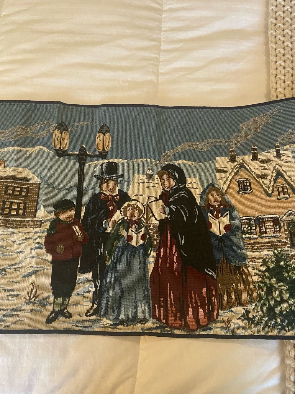 Holiday Village Caroler Runner Tapestry  Blue, Red & Tan Made In USA 13x72